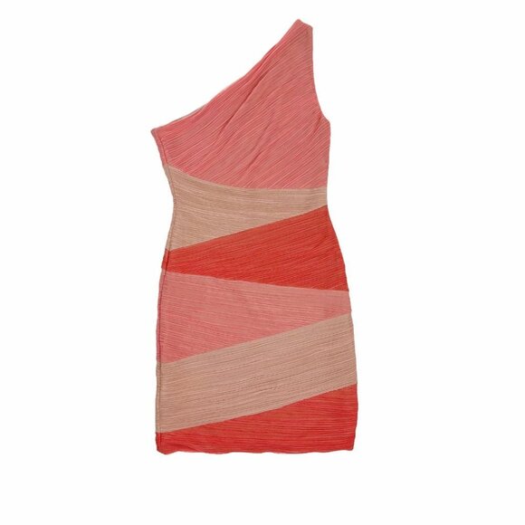 BCBGMaxAzria Kira Colorblock One Shoulder Ruched Bodycon Mini Dress. Size M - Picture 3 of 11